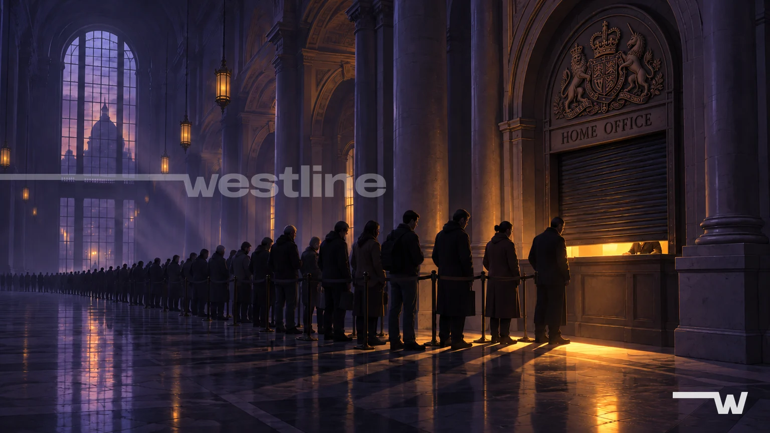 A queue stretches back into the dark while the Home Office counter stays barely open — Illustration: Westline
