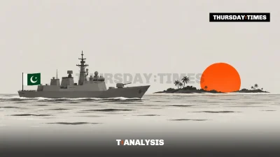 A Pakistani warship sails towards the atolls of the Indian Ocean. — MICHAEL MCCALL FOR THE THURSDAY TIMES